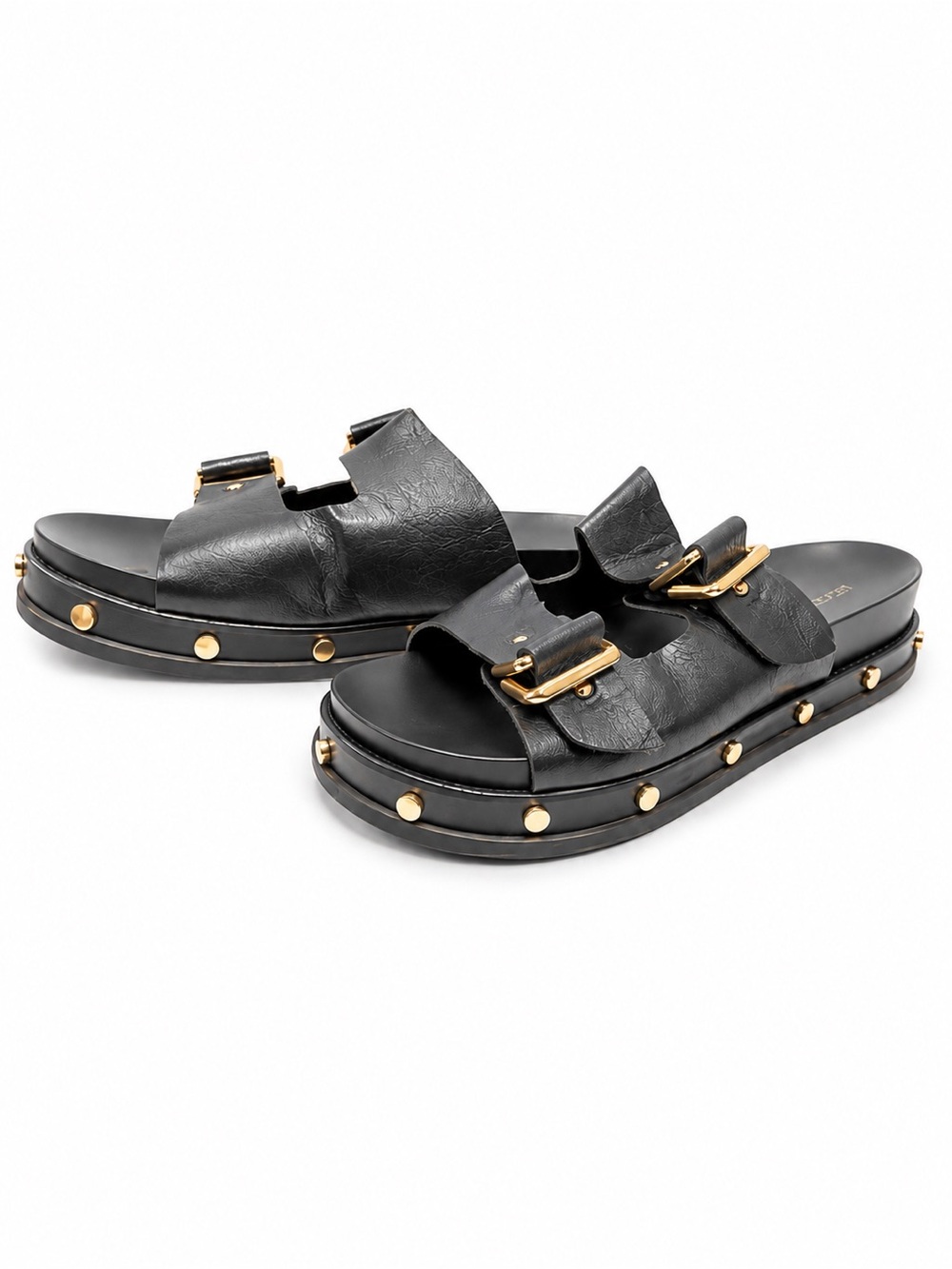 BCBG Black Leather Slide Sandals with Gold Studs and Buckles SIZE 9